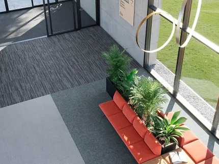 Contemporary Education Facility Lobby with Commercial Carpet Tiles and Modern Decor Jive in Traverse and Bon Jour II in Sterling and Terrace in Pumice and Discussion in Perceive