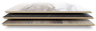 Stack of three COREtec luxury vinyl flooring samples.