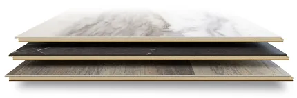 Luxury Vinyl Flooring Planks - Marble, Dark Wood, Light Wood Finishes Stack of luxury vinyl flooring planks in marble, dark wood, and light wood finishes, showcasing innovative construction and design.