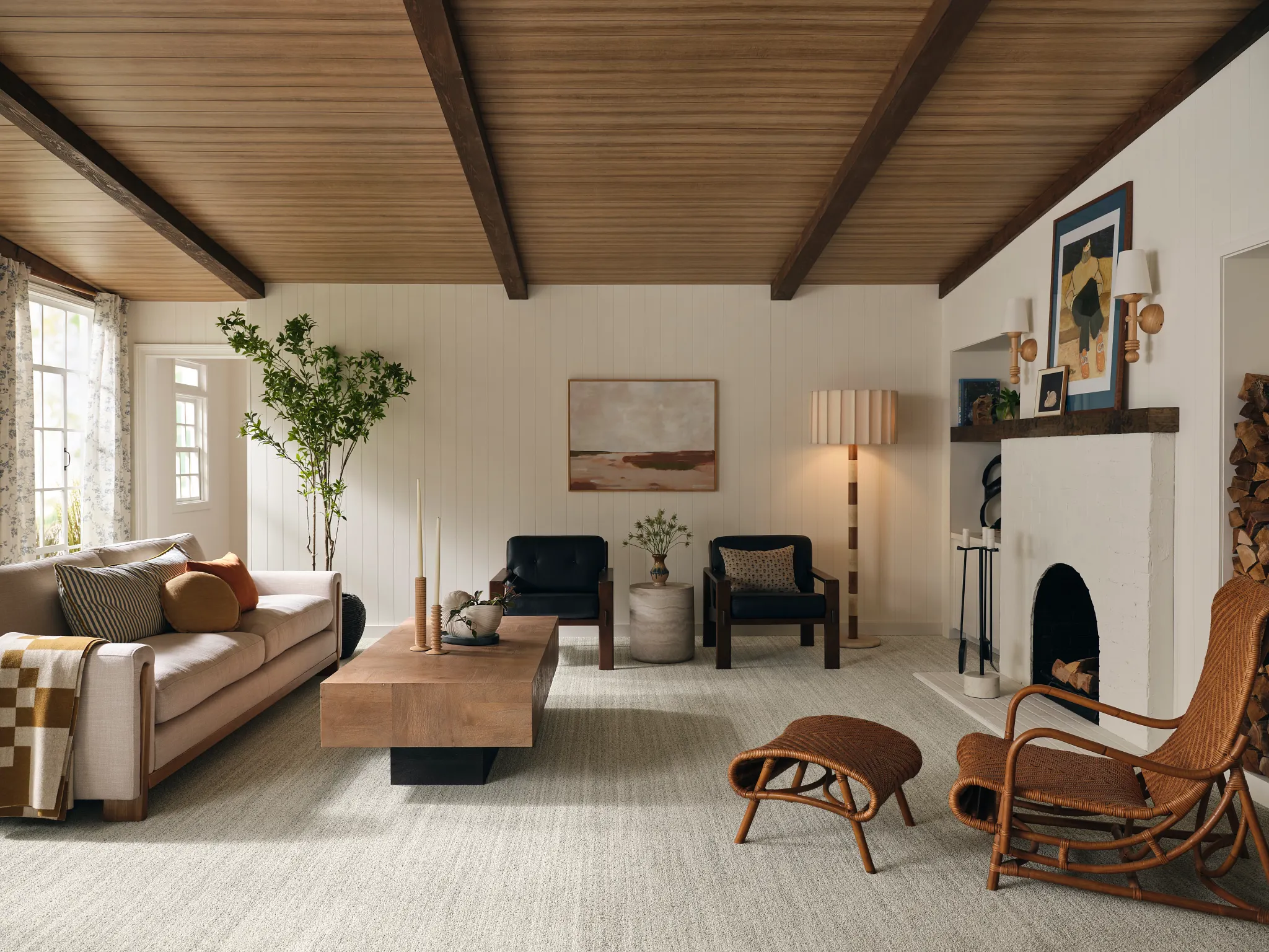 Close-up of a textured carpet swatch in light blue and beige colors