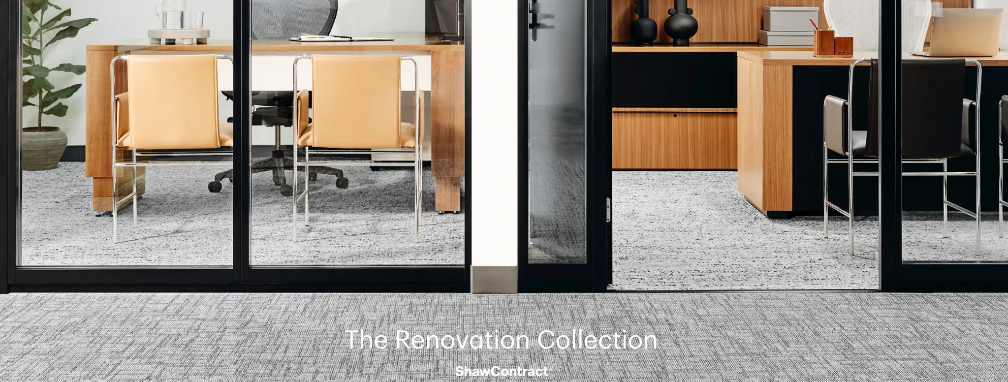 Modern office with gray carpet flooring from The Renovation Collection