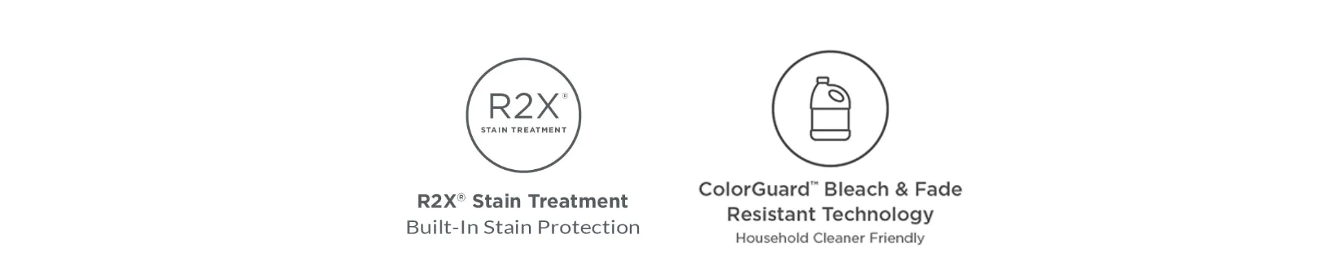 Enhanced icons R2X Stain Treatment built-in stain protection and ColorGuard Bleach & Fade Resistant Technology household cleaner friendly