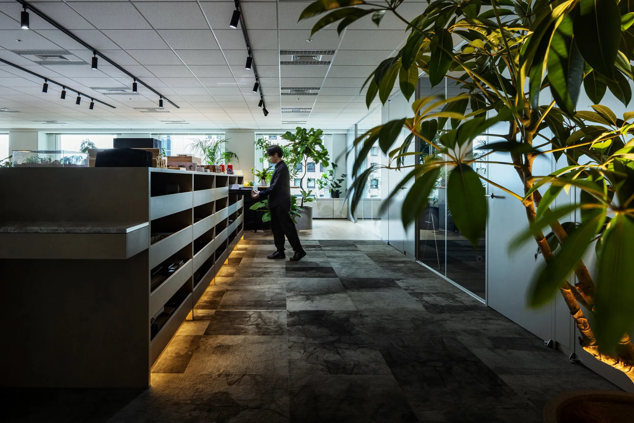 Espacio de oficina moderno con abundante vegetación y una persona trabajando, con alfombras modulares comerciales en tonos oscuros.
