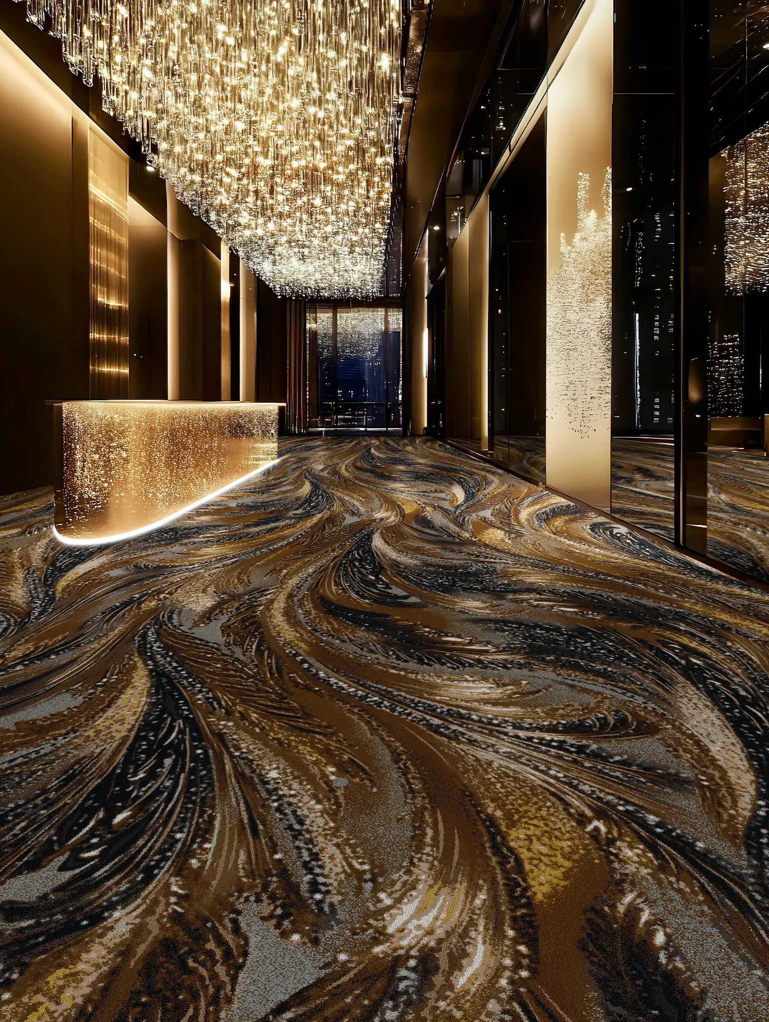 Luxurious hotel lobby with swirling patterned carpet and sparkling chandelier