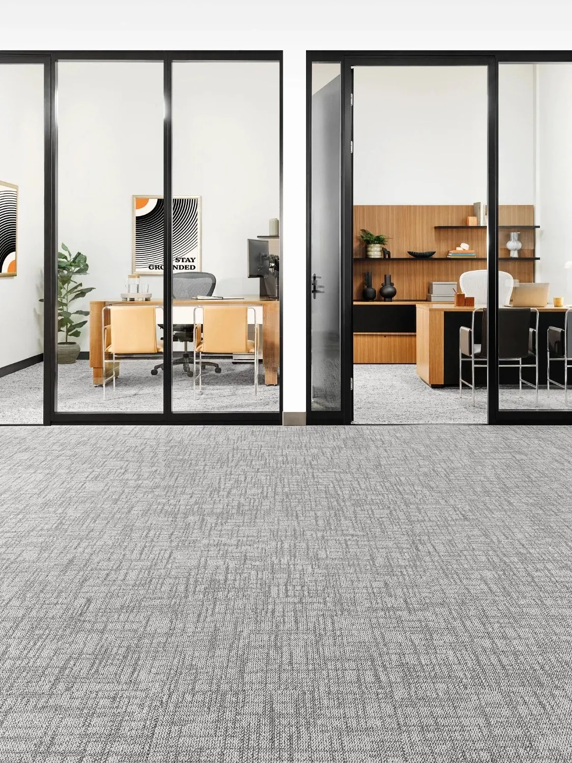 Modern office with gray carpet flooring