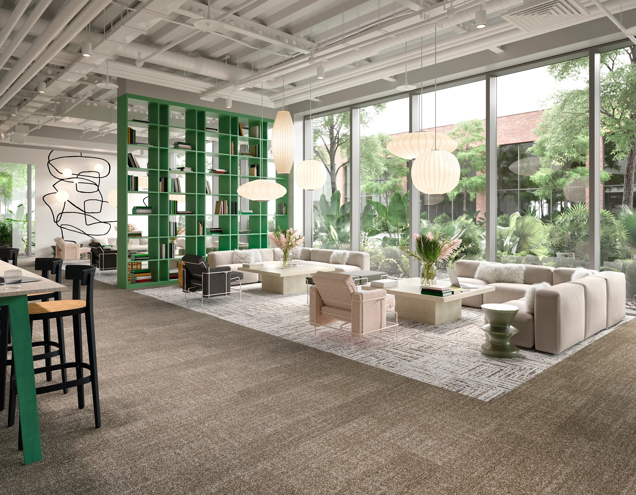 Modern workplace lounge with beige commercial carpet tile flooring, green bookshelf, and large windows