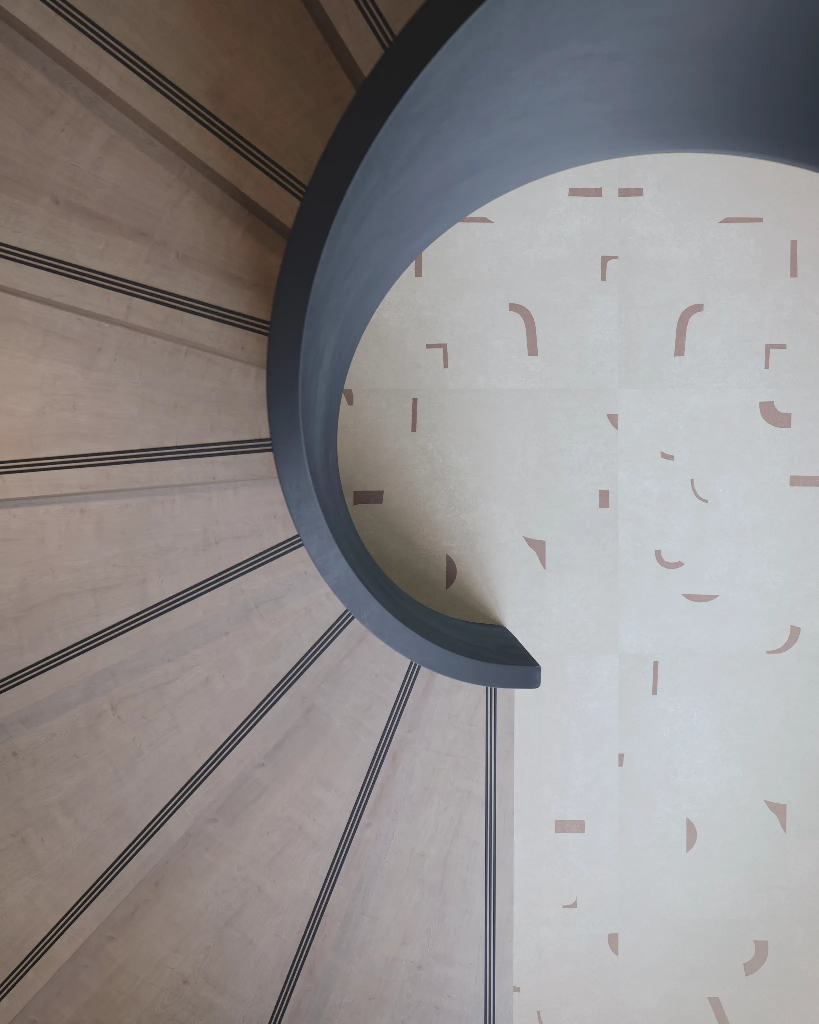 Overhead view of a spiral staircase with heavy commercial luxury vinyl tile flooring in beige with abstract patterns, 24x24 inch dimensions