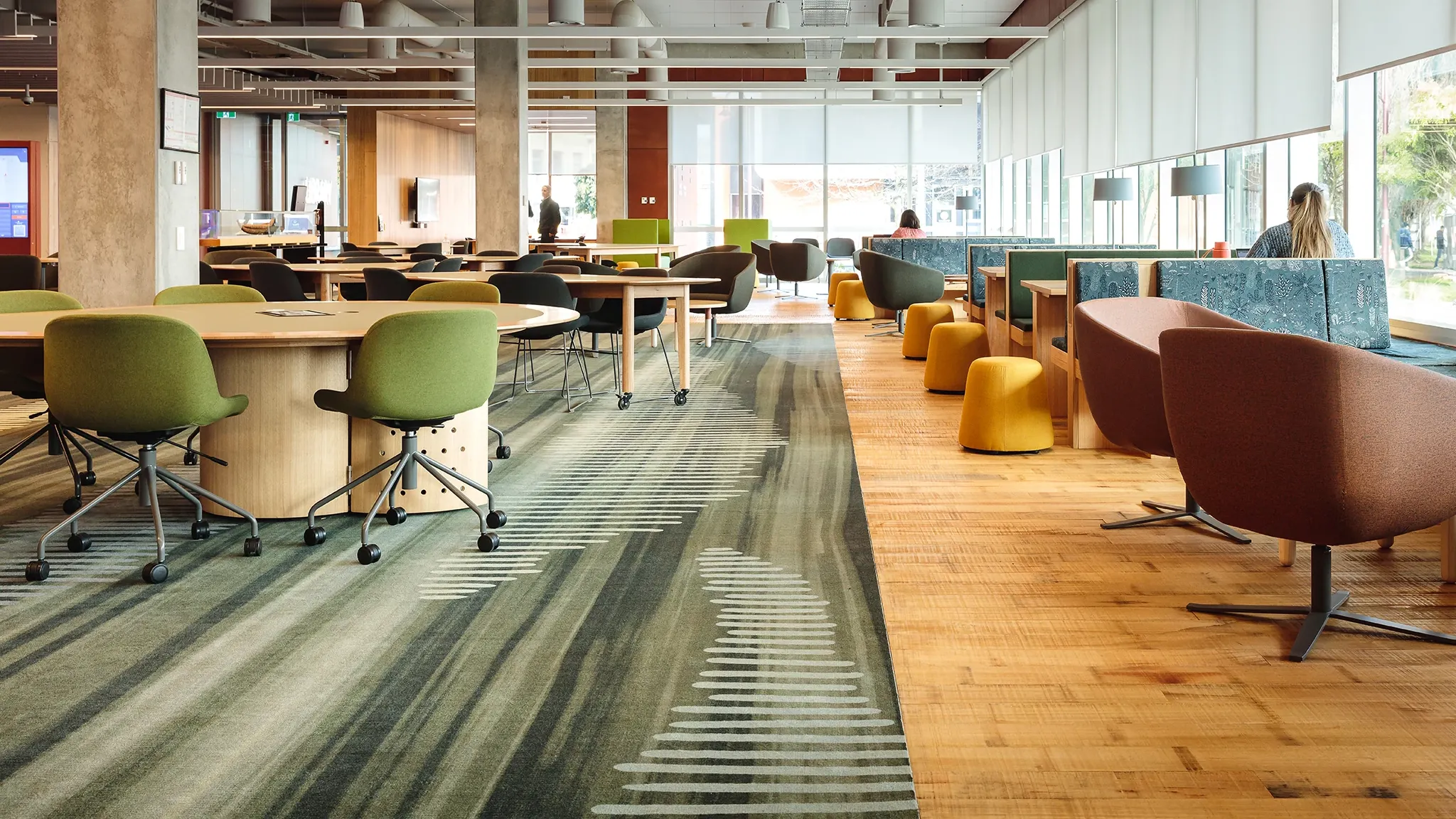 Community seating and private seating in a library