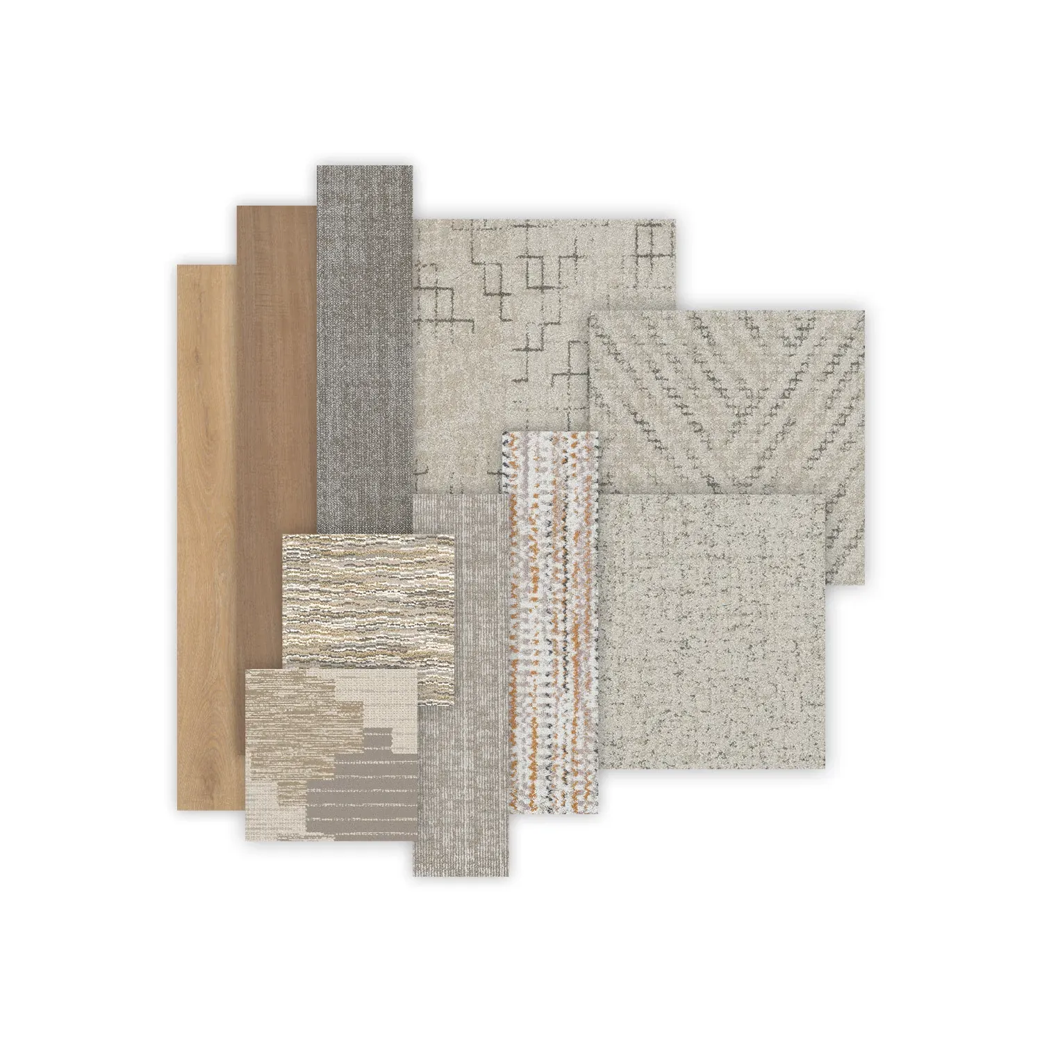 Assorted flooring swatches in neutral tones