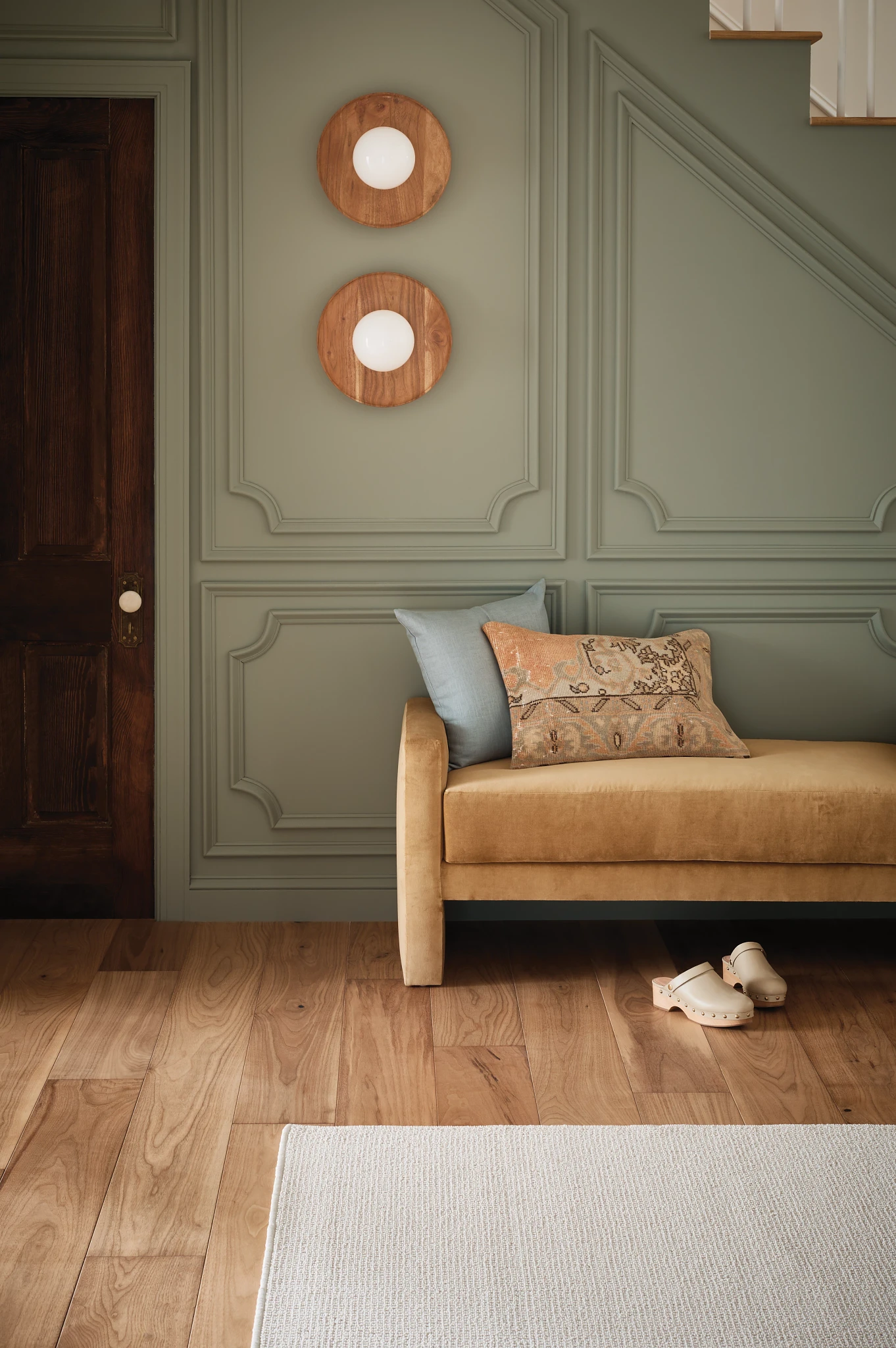 Elegant living room featuring natural oak hardwood flooring with visible grain patterns