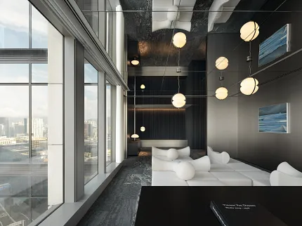Stylish workplace design with panoramic city views Modern office interior with large windows and contemporary lighting