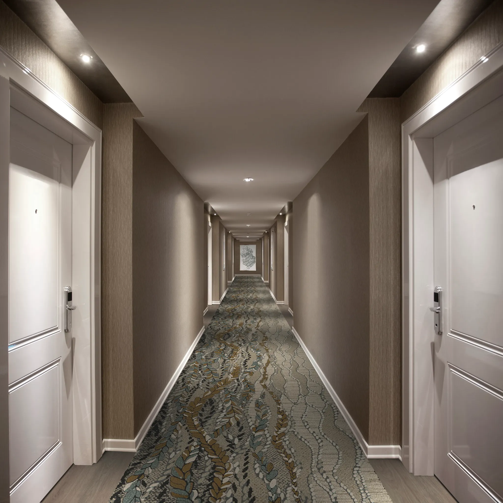 Patterned carpet in a hotel hallway