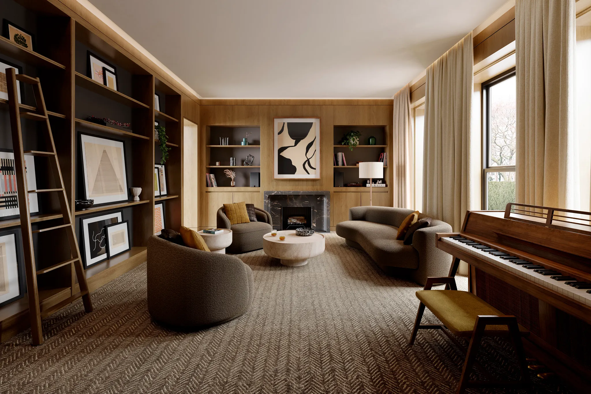 Elegant living room with 100% wool carpet featuring a herringbone pattern
