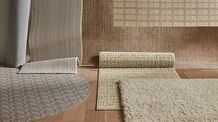 Beige and Brown Textured Carpet Collection Variety of textured carpet samples in beige and brown tones displayed in a room setting