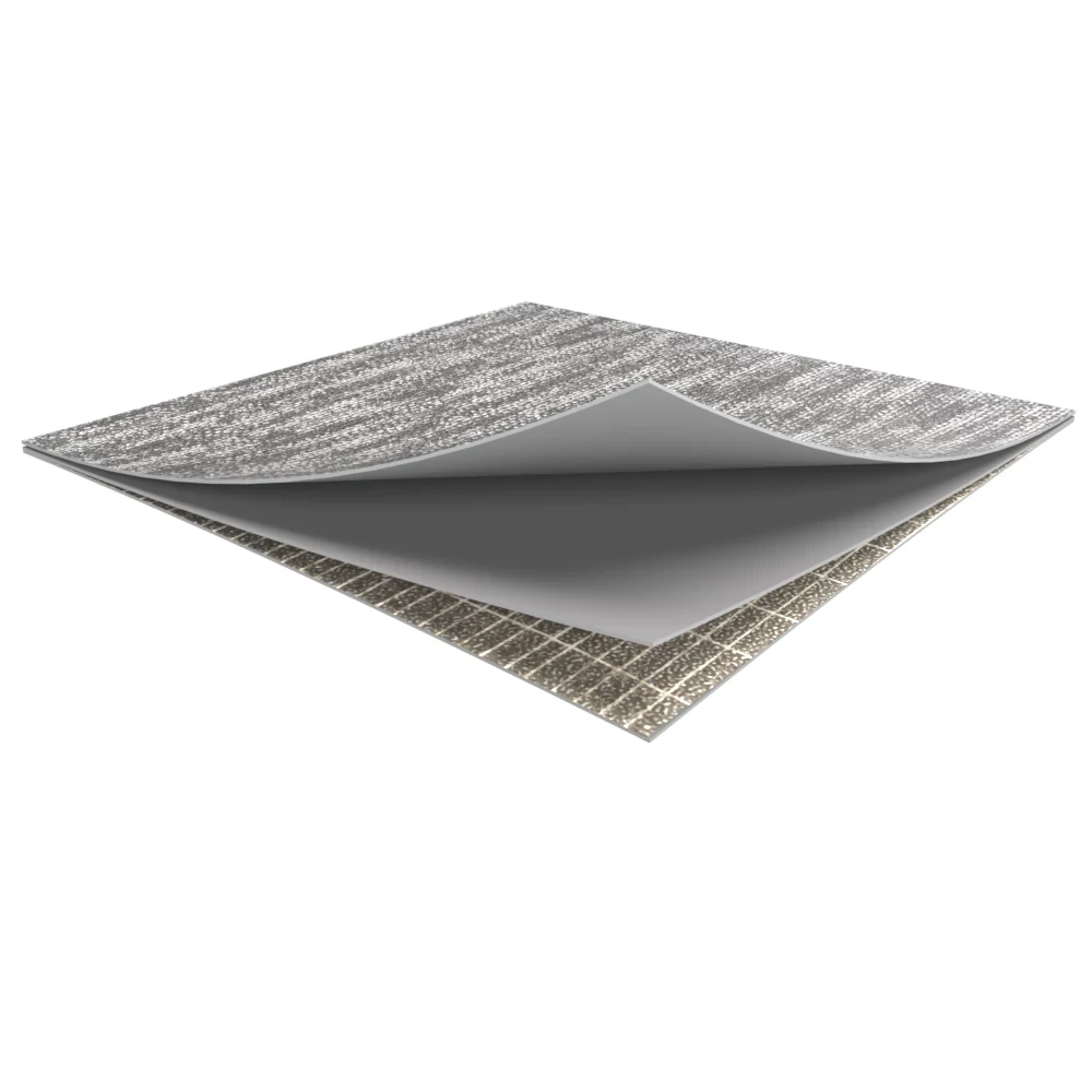 Commercial carpet tile swatch in gray and white pattern, showcasing layered construction.
