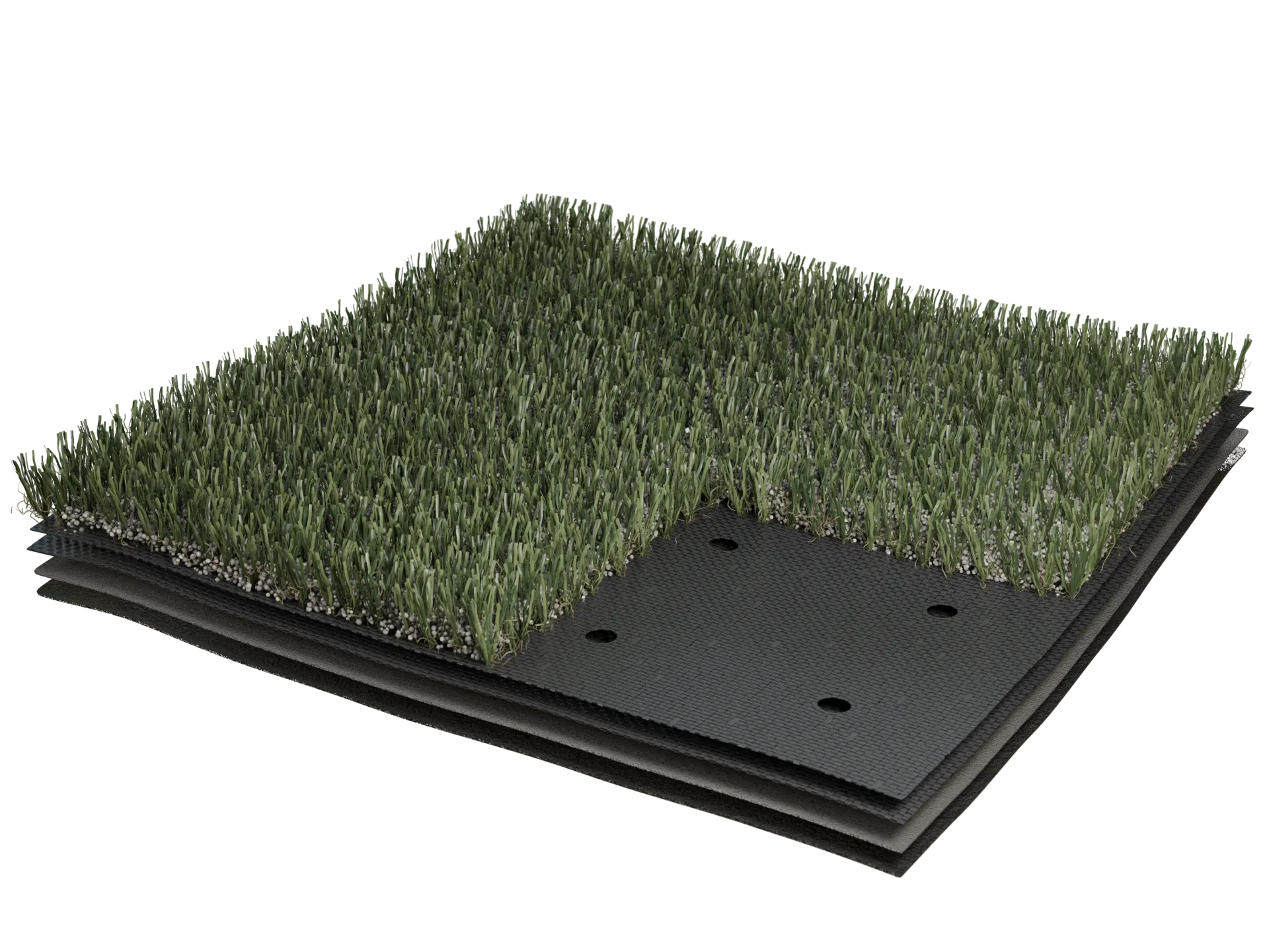 Artificial grass flooring sample with layered construction