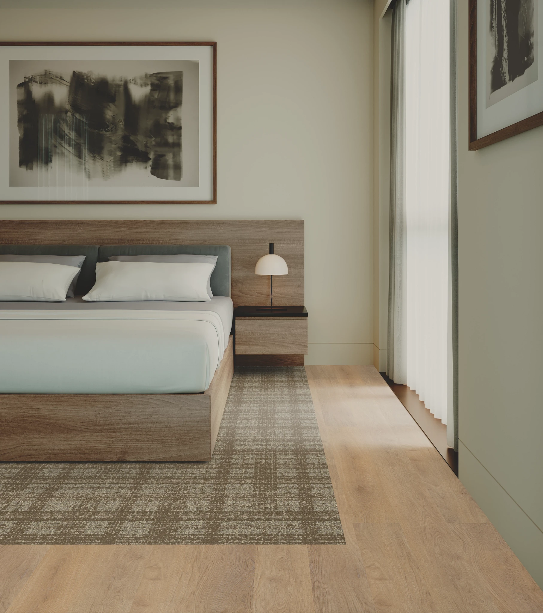 Modern bedroom with wooden bed frame, abstract wall art, and light wood flooring
