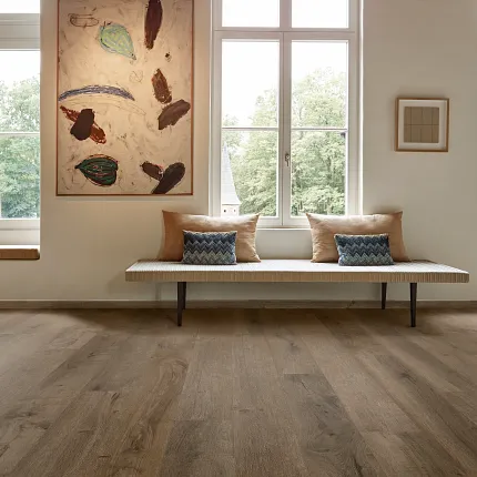Wood Look Luxury Vinyl Plank Flooring in Modern Living Room Modern living room with large windows and wood look luxury vinyl plank flooring