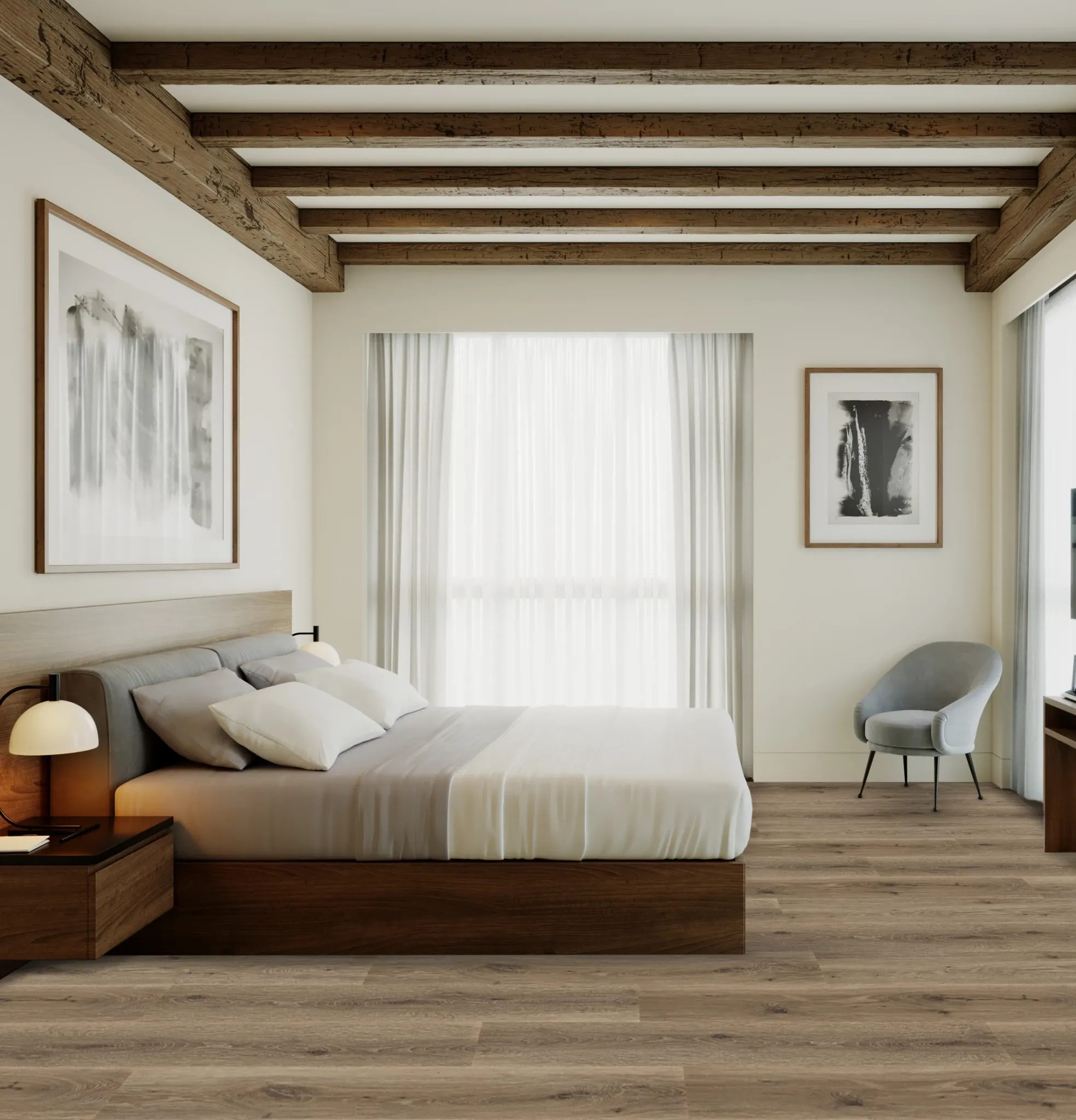 Modern hotel room with wooden beams, neutral decor, and hardwood flooring
