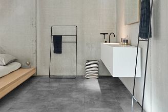 modern minimalist bedroom with coretec vinyl planks on the floor