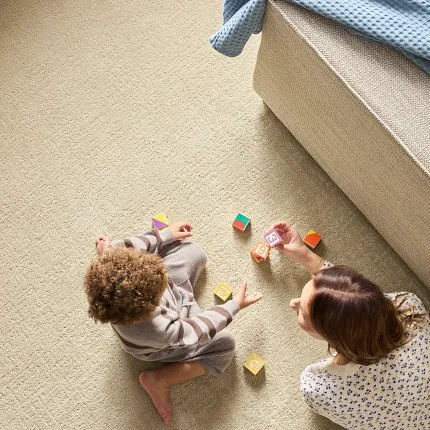 Comfortable and durable beige carpet for family living spaces Cozy family room with children playing on soft beige carpet