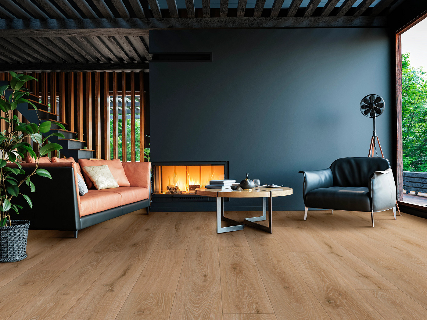 Mocha Field Oak flooring, shown in a room