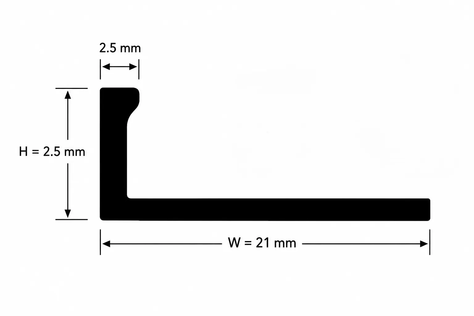 Flooring profile with dimensions 2.5 mm height and 21 mm width