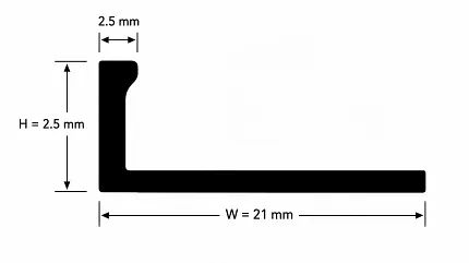 Detailed flooring profile dimensions for precise installation Flooring profile with dimensions 2.5 mm height and 21 mm width