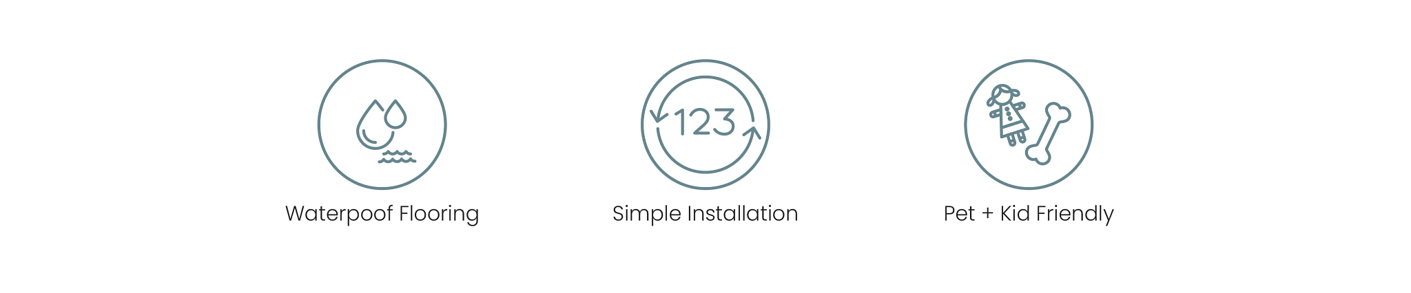 Floorté Icons covering: Waterproof flooring, SImple Installtion, and Pet + Kid Friendly