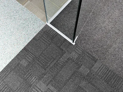 Commercial Carpet Tile in Modern Office Design with Gray and Beige Tones Divvy in Stride and Cast in Suspend and Diffuse in Road Trip and Bon Jour II in Black
