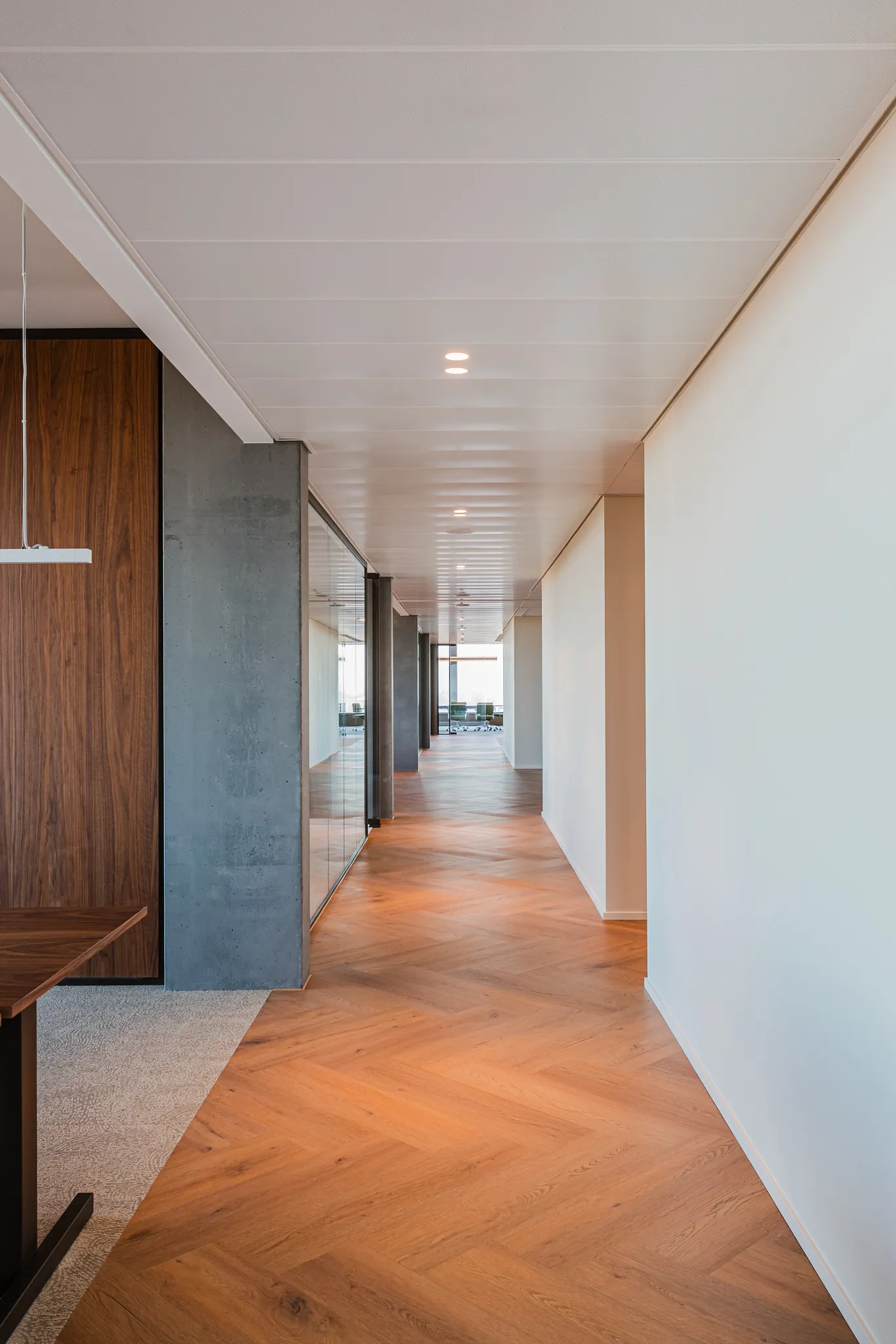 Open office hallway with wood herringbone Coretec floors in rich tones with 