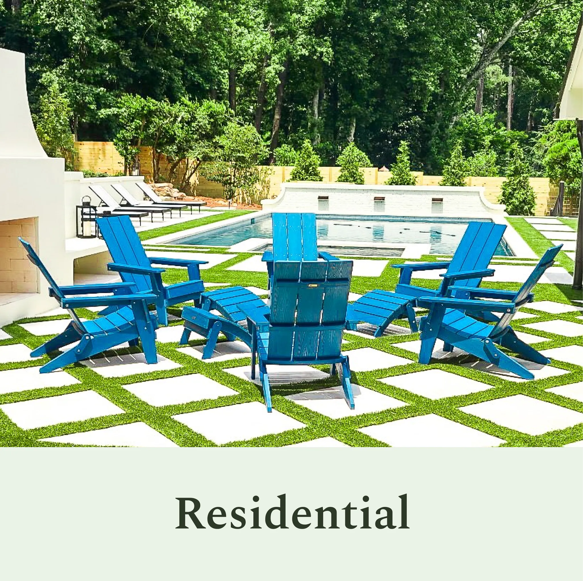 Outdoor patio with blue chairs and checkerboard grass tiles