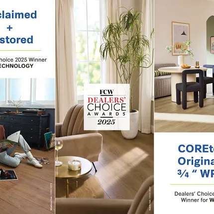 Award-winning COREtec WPC flooring for stylish interiors COREtec Originals 3/4" WPC flooring in a cozy living room setting