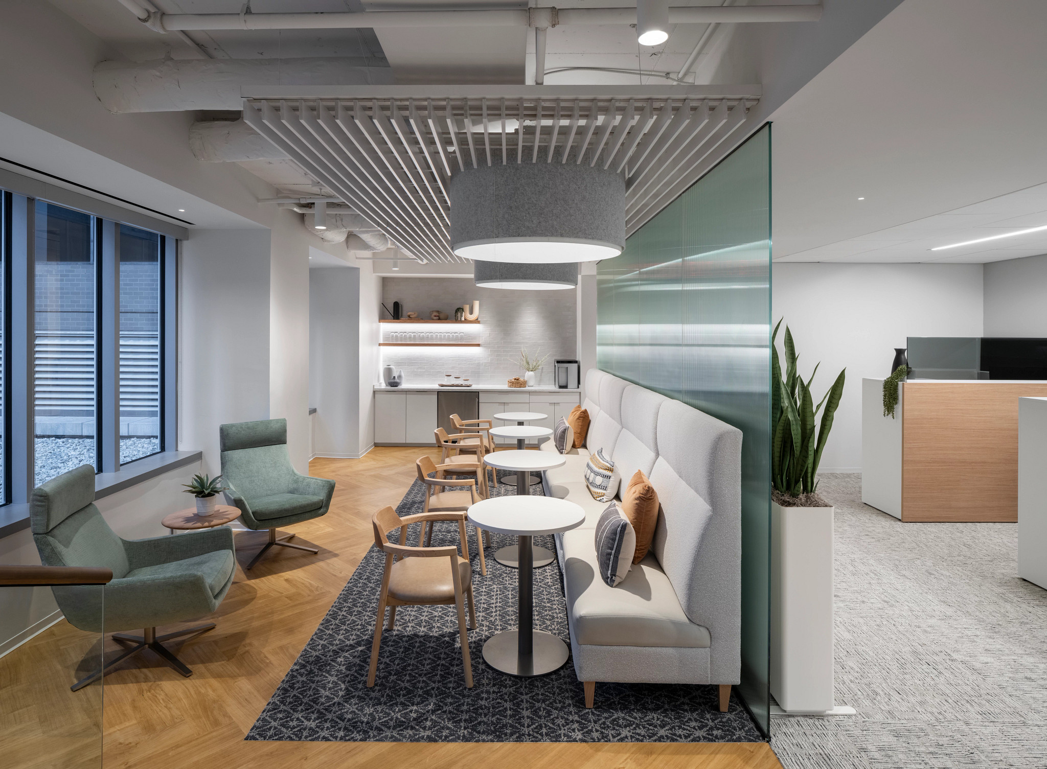 Modern workplace lounge area with light wood flooring and gray carpet, featuring contemporary furniture and large windows