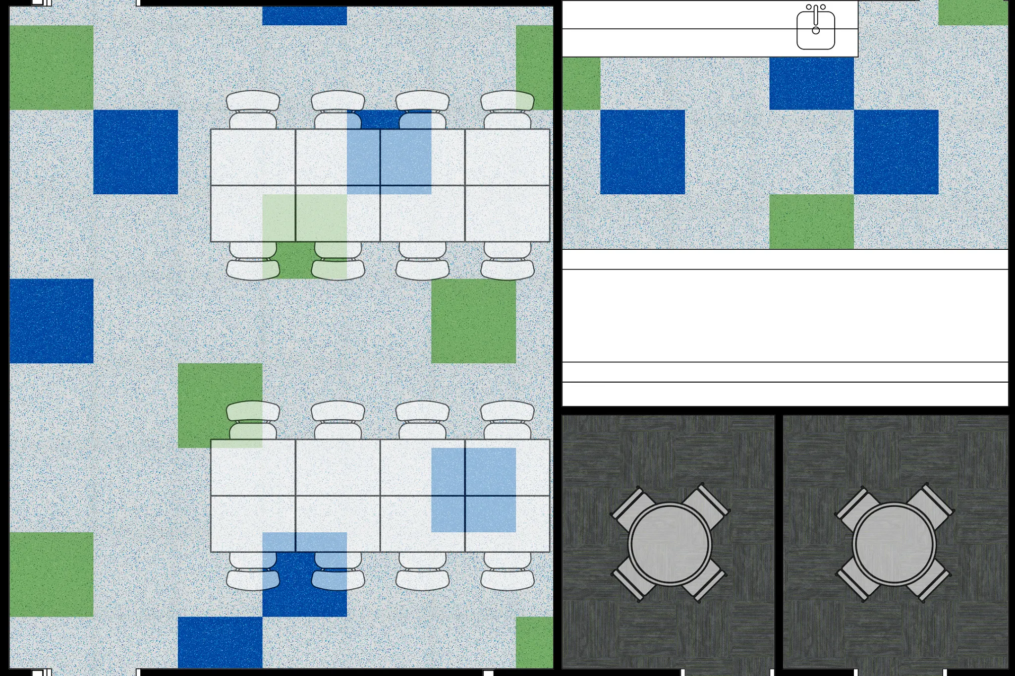 Office layout with blue and green carpet tiles