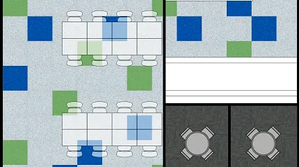 Modern office design with colorful carpet tiles Office layout with blue and green carpet tiles