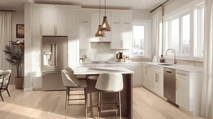 Contemporary Kitchen with Durable Hardwood Flooring and Elegant Design Modern kitchen with light hardwood flooring, white cabinets, and stainless steel appliances