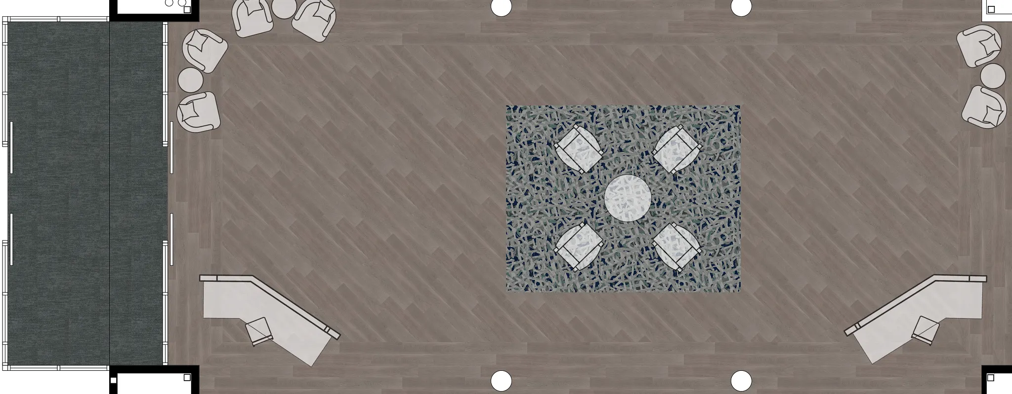 Top view of modern office layout with herringbone flooring