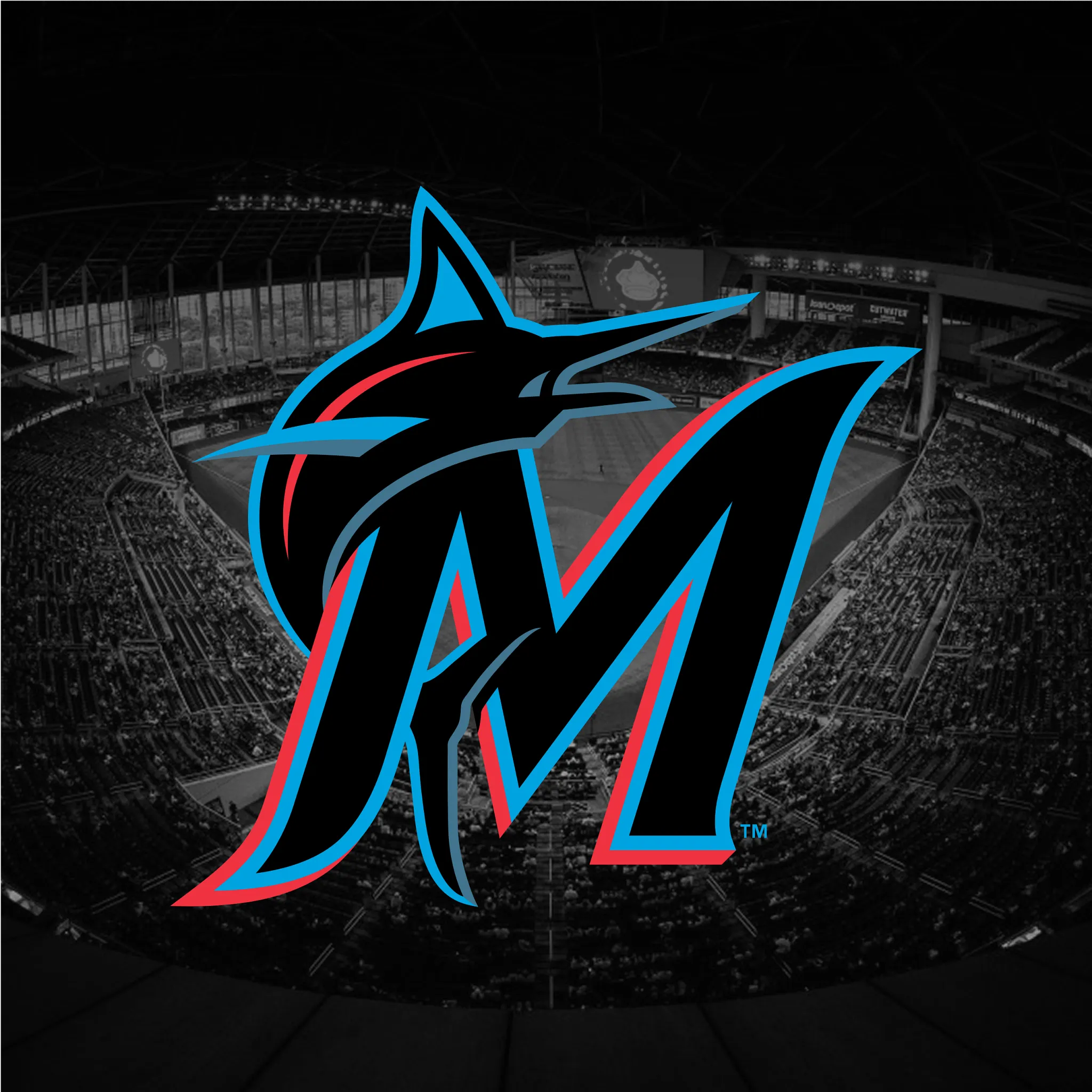 Miami Marlins logo over a baseball stadium background