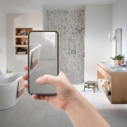 Luxury Vinyl Tile Flooring in Modern Bathroom with Innovative Technology Modern bathroom with luxury vinyl tile flooring and innovative technology display