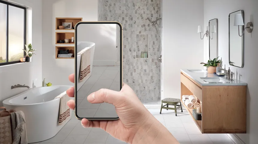 Luxury Vinyl Tile Flooring in Modern Bathroom with Innovative Technology Modern bathroom with luxury vinyl tile flooring and innovative technology display