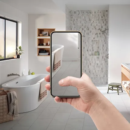 Luxury Vinyl Tile Flooring in Modern Bathroom with Innovative Technology Modern bathroom with luxury vinyl tile flooring and innovative technology display