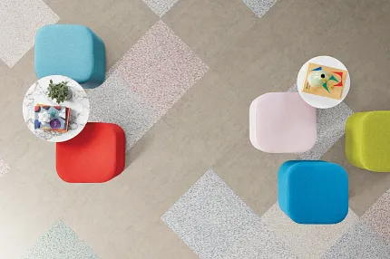 Durable LVT flooring for versatile spaces Heavy commercial luxury vinyl tile flooring in assorted colors with modern seating