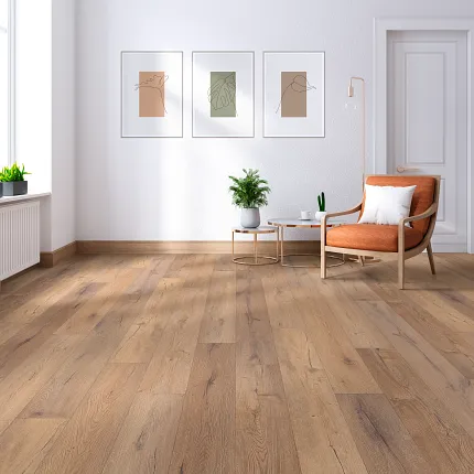 This COREtec product features Soft Step, our newest attached underlayment. large rom with nesting tables small plant and three pictures on the wall The floor is a natural oak wood look vinyl plank