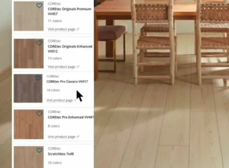 Dining room with wooden table and chairs on light wood look luxury vinyl plank flooring