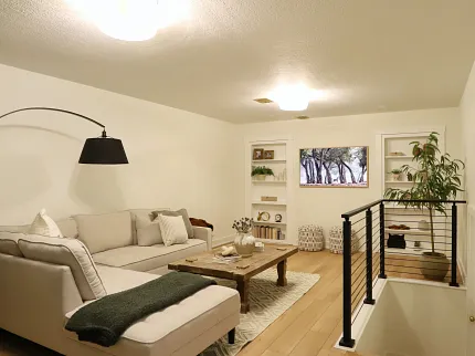 Contemporary Living Room with Wood Look LVP Flooring Modern living room with beige sectional sofa and wood look luxury vinyl plank flooring