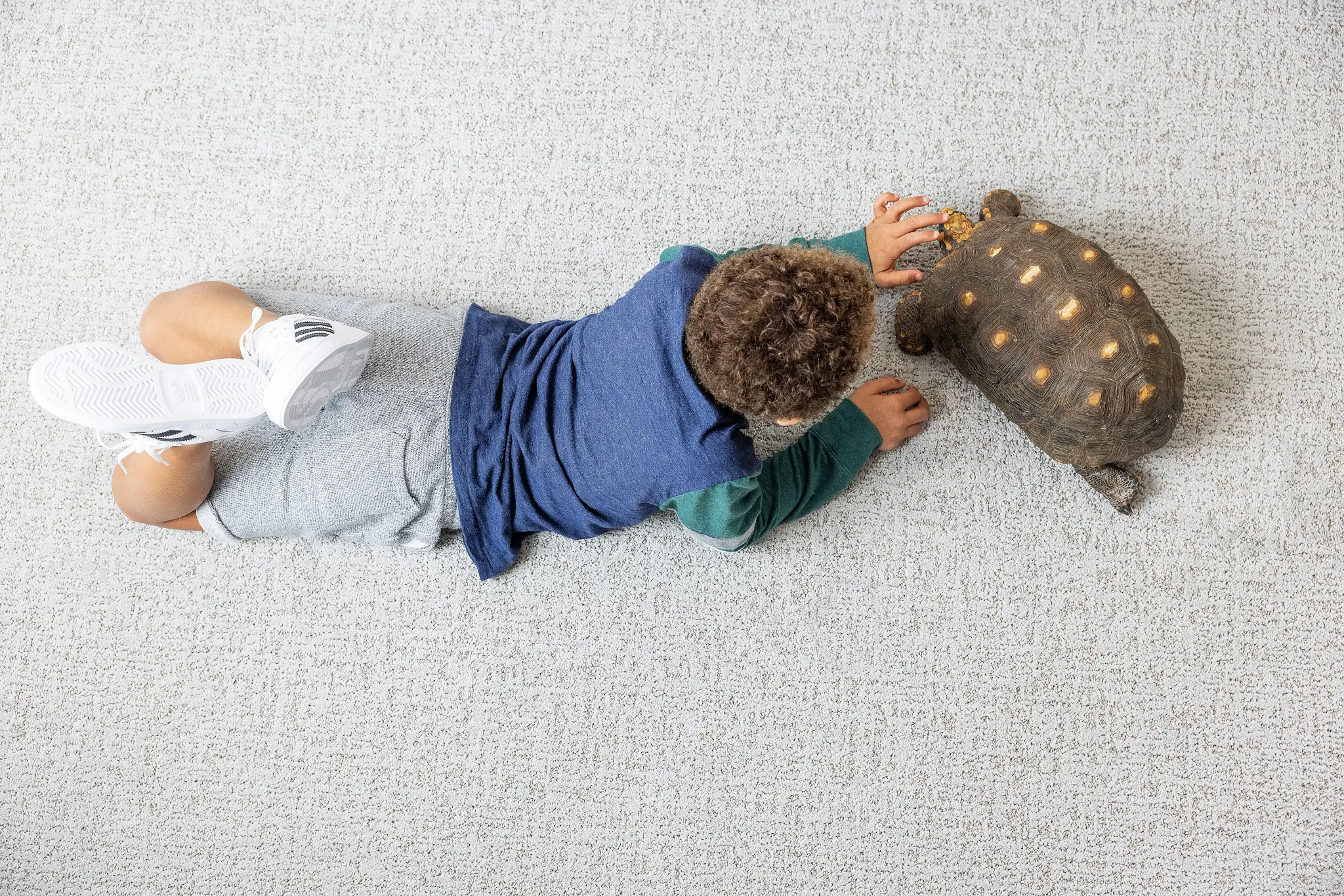 Child playing on soft surface flooring with a toy turtle