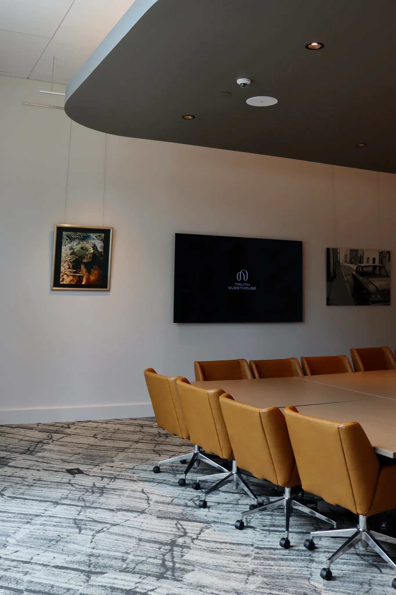Modern conference room with abstract carpet design and leather chairs
