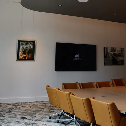 Stylish workplace flooring with contemporary carpet pattern Modern conference room with abstract carpet design and leather chairs
