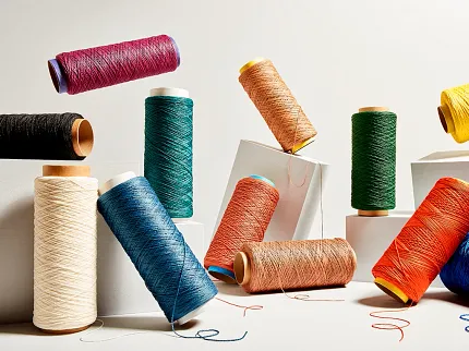 Colorful Yarn Spools for Flooring Design Inspiration Spools of colorful yarn in various shades including red, blue, green, yellow, orange, and black arranged on a white background